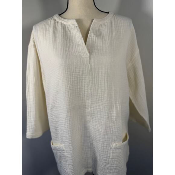 Soft Surroundings Ivory Gauze Tunic Top Pull Over Pocket Cotton Smock Cream M - Picture 1 of 8